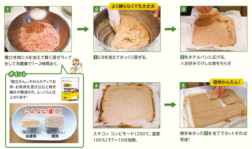 練る工程軽減 混ぜて広げてスチコンへ ふんわりひき肉メニュー しっかり食べて低栄養予防 食べサポ 業態別お役立ち情報 味の素kk業務用商品サイト