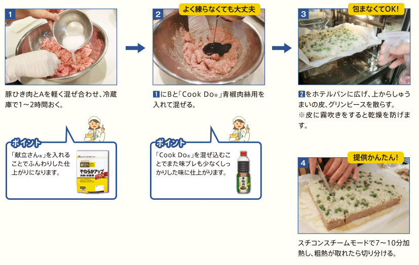 練る工程軽減 混ぜて広げてスチコンへ ふんわりひき肉メニュー しっかり食べて低栄養予防 食べサポ 業態別お役立ち情報 味の素kk業務用商品サイト