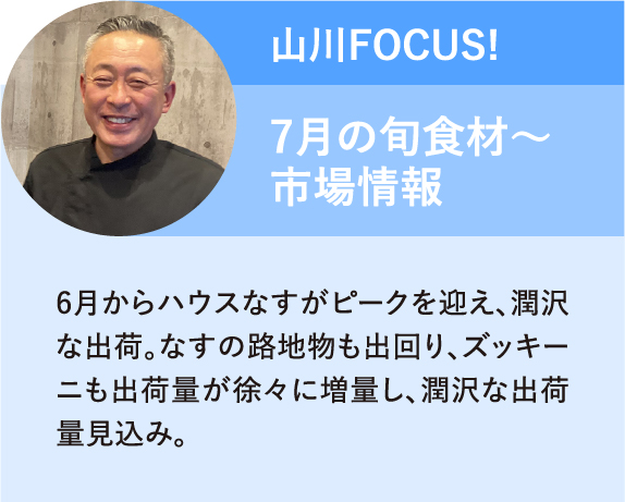 山川FOCUS! 6月からハウスなすがピークを迎え、潤沢な出荷。なすの路地物も出回り、ズッキーニも出荷量が徐々に増量し、潤沢な出荷量見込み。