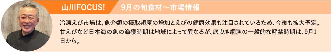 冷凍えび市場は、魚介類の摂取頻度の増加とえびの健康効果も注目されているため、今後も拡大予定。甘えびなど日本海の魚の漁獲時期は地域によって異なるが、底曳き網漁の一般的な解禁時期は、9月1日から。