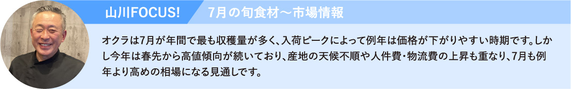 オクラは7月が年間で最も収穫量が多く、入荷ピークによって例年は価格が下がりやすい時期です。しかし今年は春先から高値傾向が続いており、産地の天候不順や人件費・物流費の上昇も重なり、7月も例年より高めの相場になる見通しです。