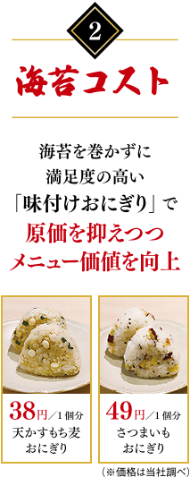 2.海苔コスト：海苔を巻かずに満足度の高い「味付けおにぎり」で原価を抑えつつメニュー価値を向上