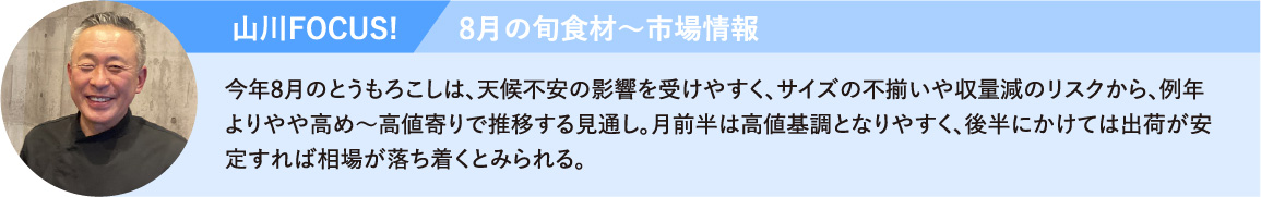 今年8月のとうもろこしは、天候不安の影響を受けやすく、サイズの不揃いや収量減のリスクから、例年よりやや高め〜高値寄りで推移する見通し。月前半は高値基調となりやすく、後半にかけては出荷が安定すれば相場が落ち着くとみられる。