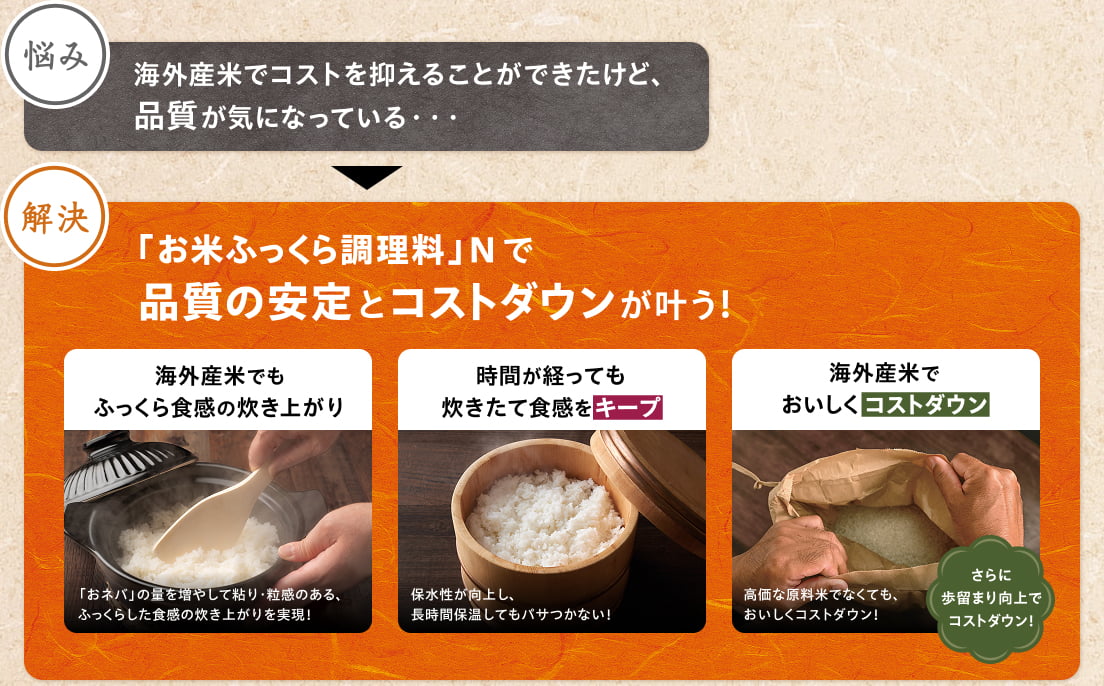 悩み：海外産米でコストを抑えることができたけど、品質が気になっている・・・→解決：「お米ふっくら調理料」Nで品質の安定とコストダウンが叶う！